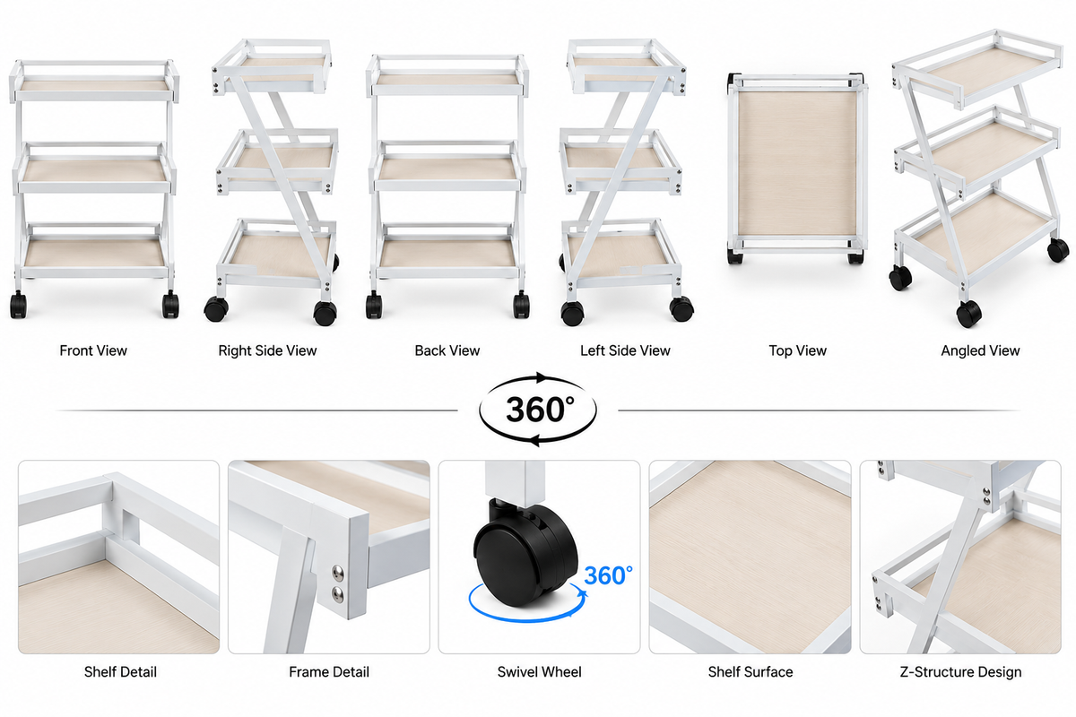 Beautician Cosmetics Salon Three Shelves Rolling Trolley Cart
