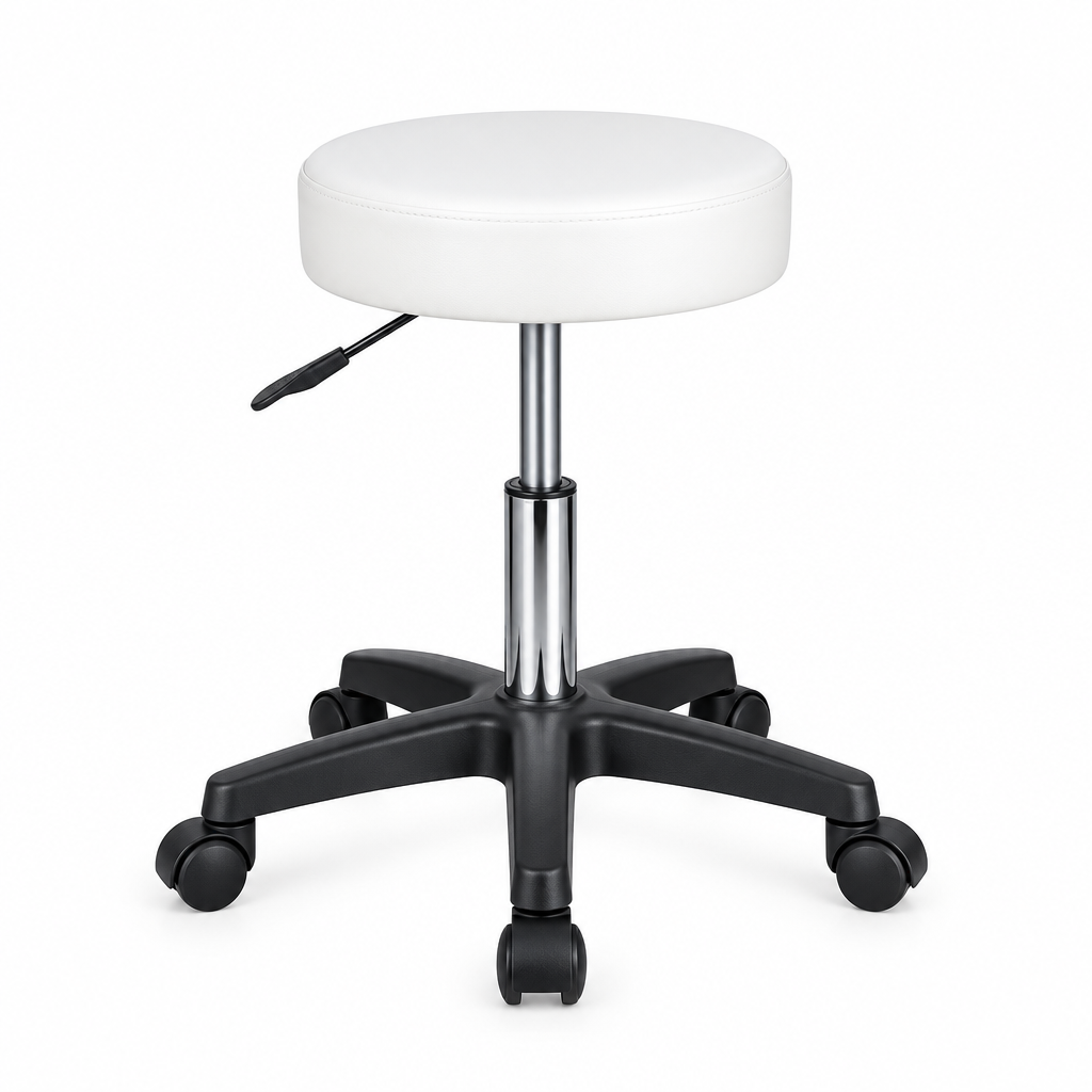 A white circular swivel stool with a black five-star wheeled base and a chrome height-adjustable column, shown on a plain white background.