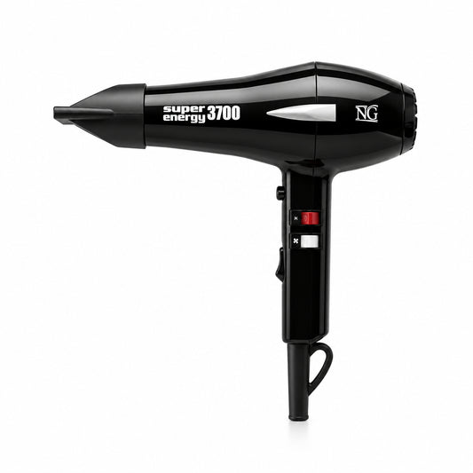A black hair dryer with a nozzle attachment, featuring 'super energy 3700' and 'NG' branding on a plain white background.