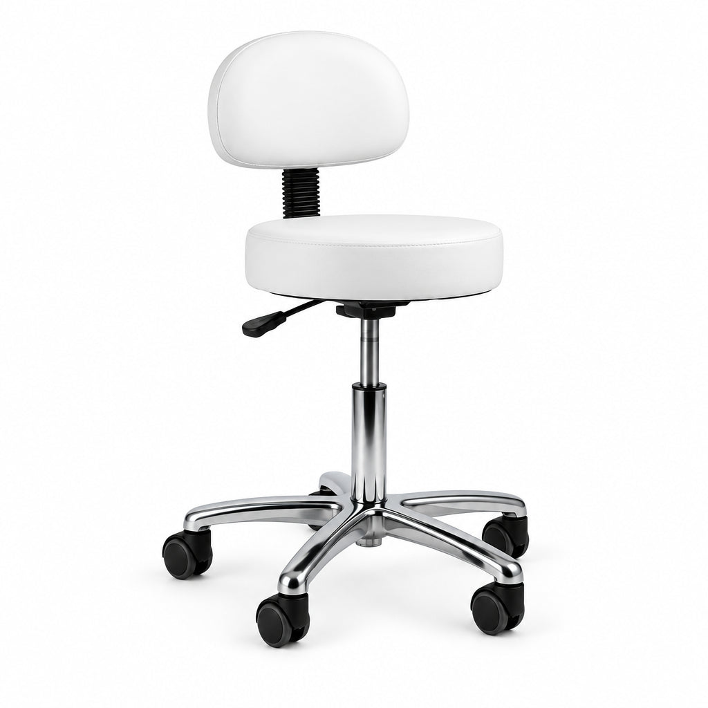 White upholstered rolling stool with a rounded backrest, chrome five-star base, and black casters on a light gray studio background.