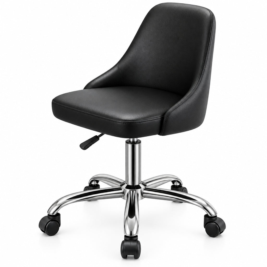 A modern black faux-leather office chair with a curved backrest, cushioned seat, and a polished chrome five-star base with casters, shown against a plain white background.