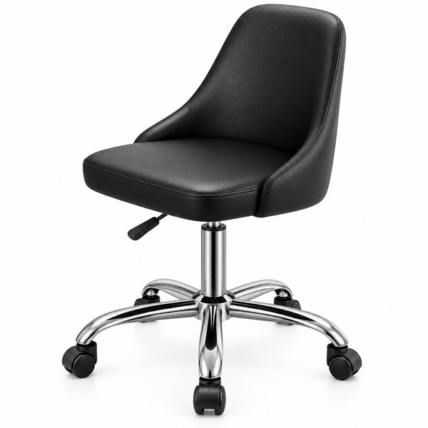 A modern black faux-leather office chair with a curved backrest, cushioned seat, and a polished chrome five-star base with casters, shown against a plain white background.