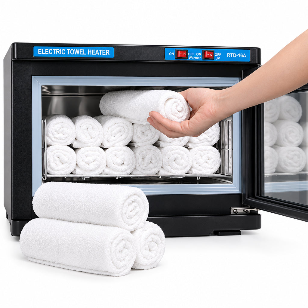 Electric towel heater with white towels inside, hand reaching in to grab a towel.