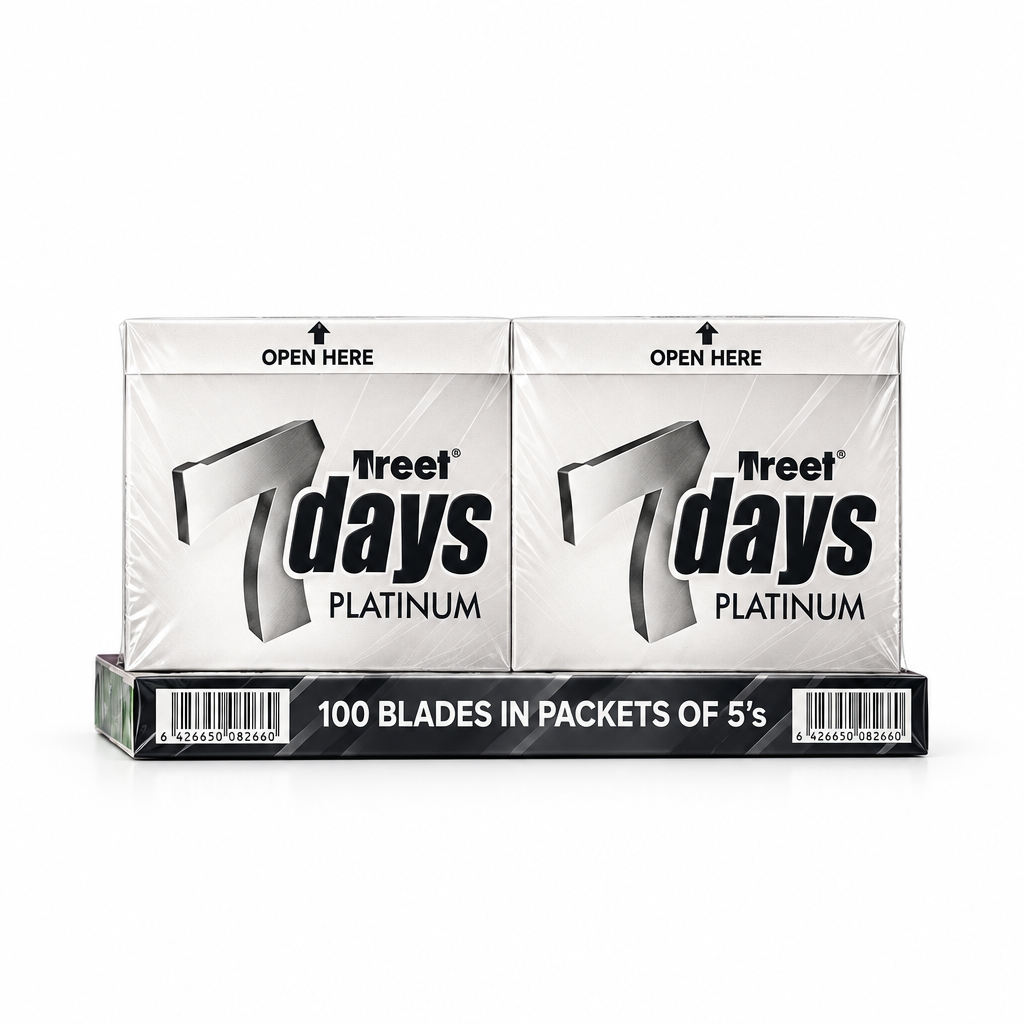 Two packs of Meet Days Platinum disposable diapers stacked on top of each other, with the bottom pack showing a barcode and the text '100 BLADES IN PACKETS OF 5's' against a plain white background.