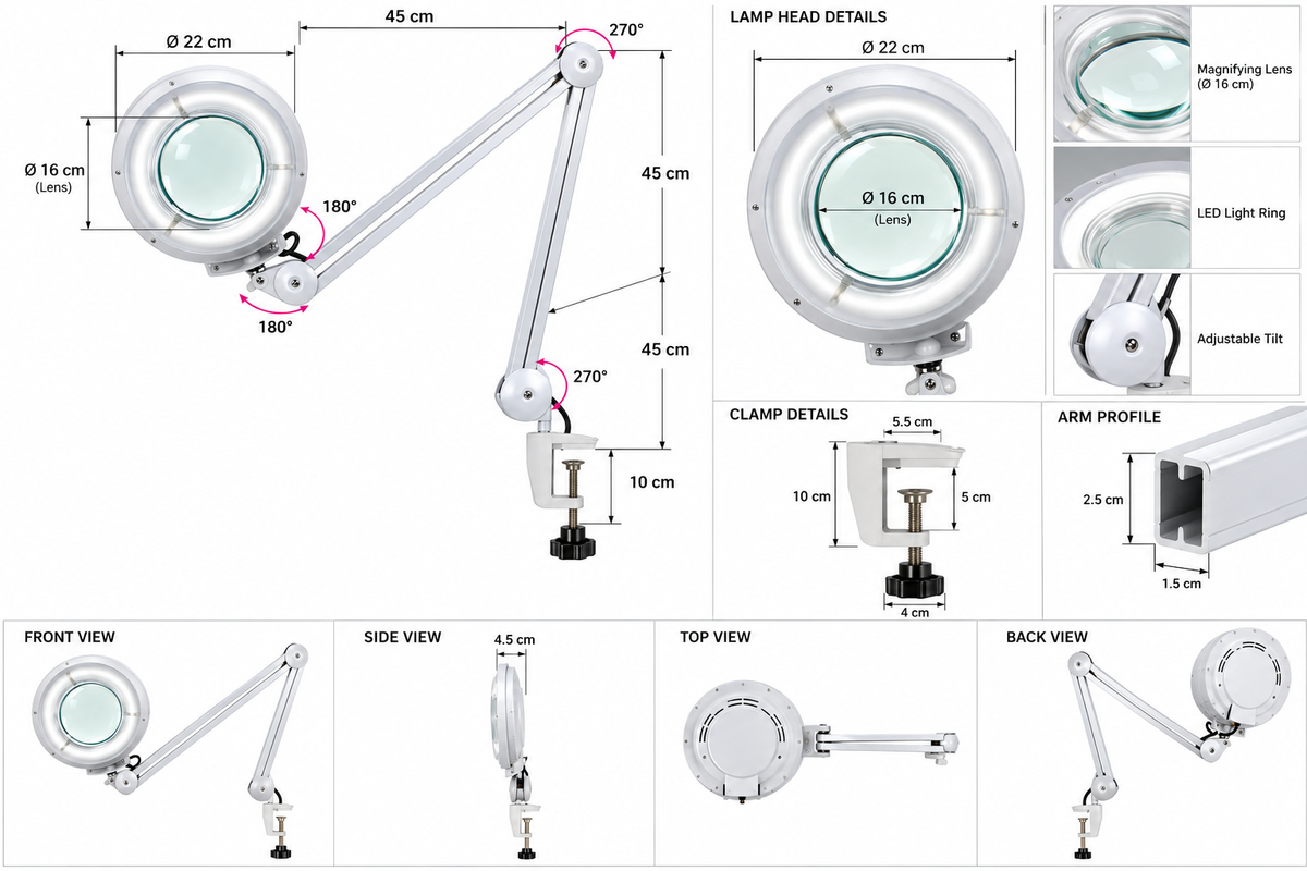 Professional LED Magnifying Lamp with Touch Screen Control & USB Connection – Adjustable Clamp Arm for Salon, Spa & Beauty Use
