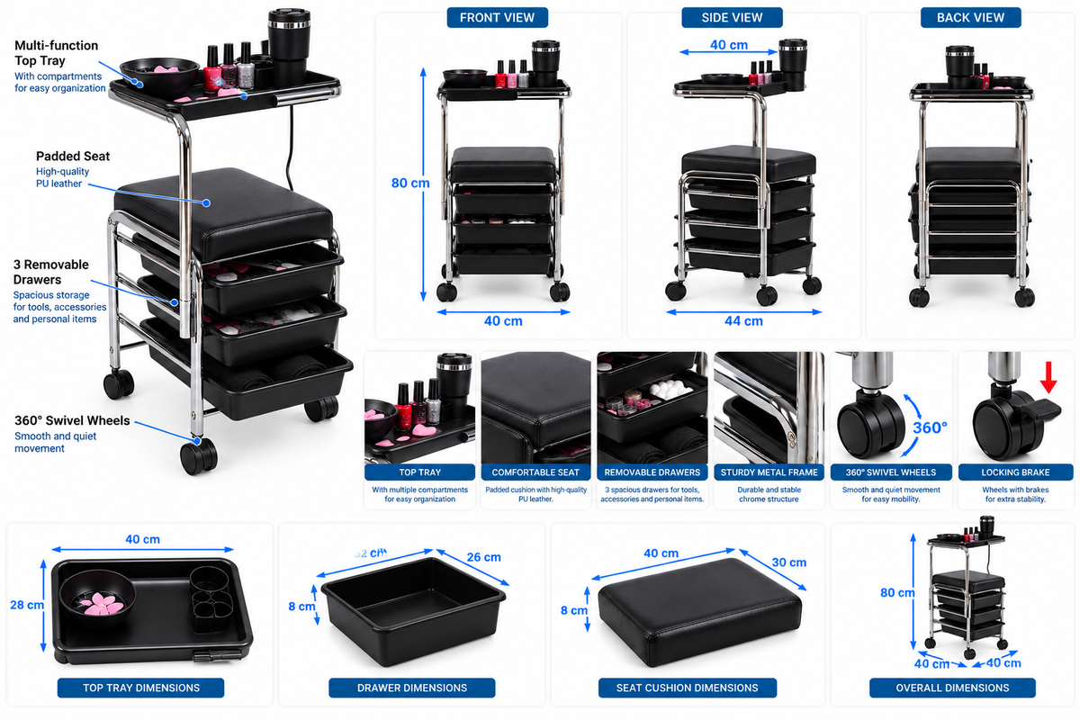 Professional Manicure Trolley with Seat & Storage Drawers
