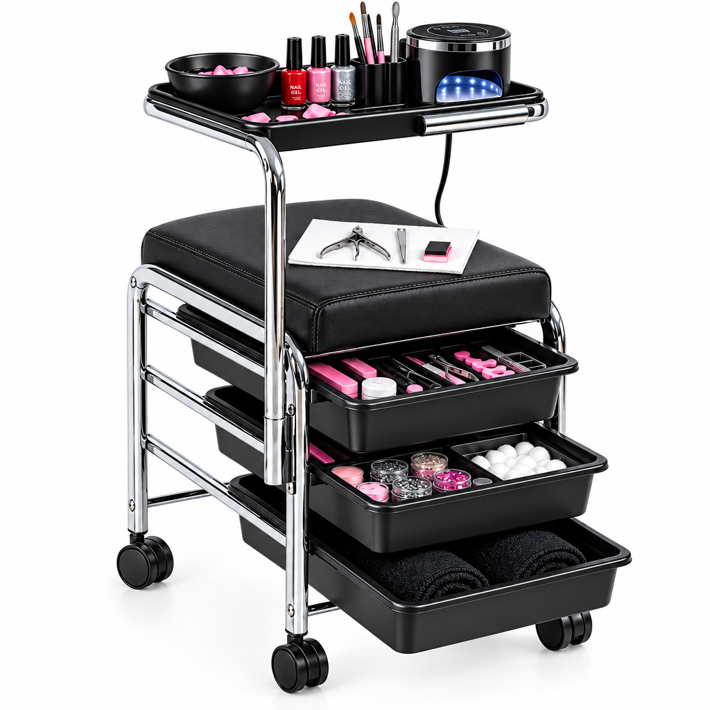A black and chrome rolling beauty cart with three storage drawers, shown on a white background. The top shelf holds nail polish bottles, a black bowl, and a travel mug, while the lower drawers are partially open to reveal rolled towels, cotton pads, and small cosmetic items.