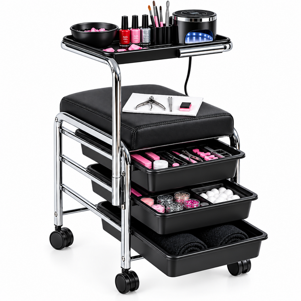 A black and chrome rolling beauty cart with three storage drawers, shown on a white background. The top shelf holds nail polish bottles, a black bowl, and a travel mug, while the lower drawers are partially open to reveal rolled towels, cotton pads, and small cosmetic items.