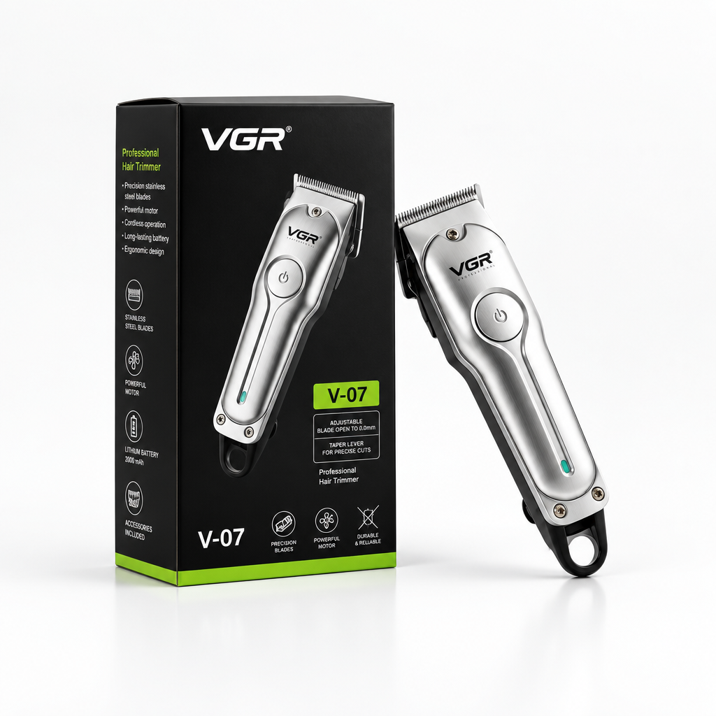VGR V-07 cordless hair clipper shown next to its black retail box on a clean white background.