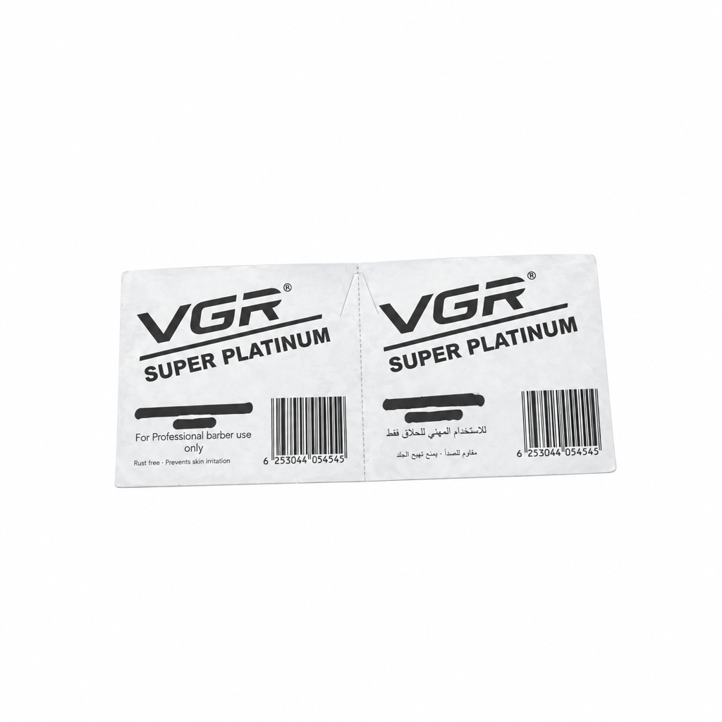 Two white VGR Super Platinum labels with black text and barcodes, shown on a plain white background.