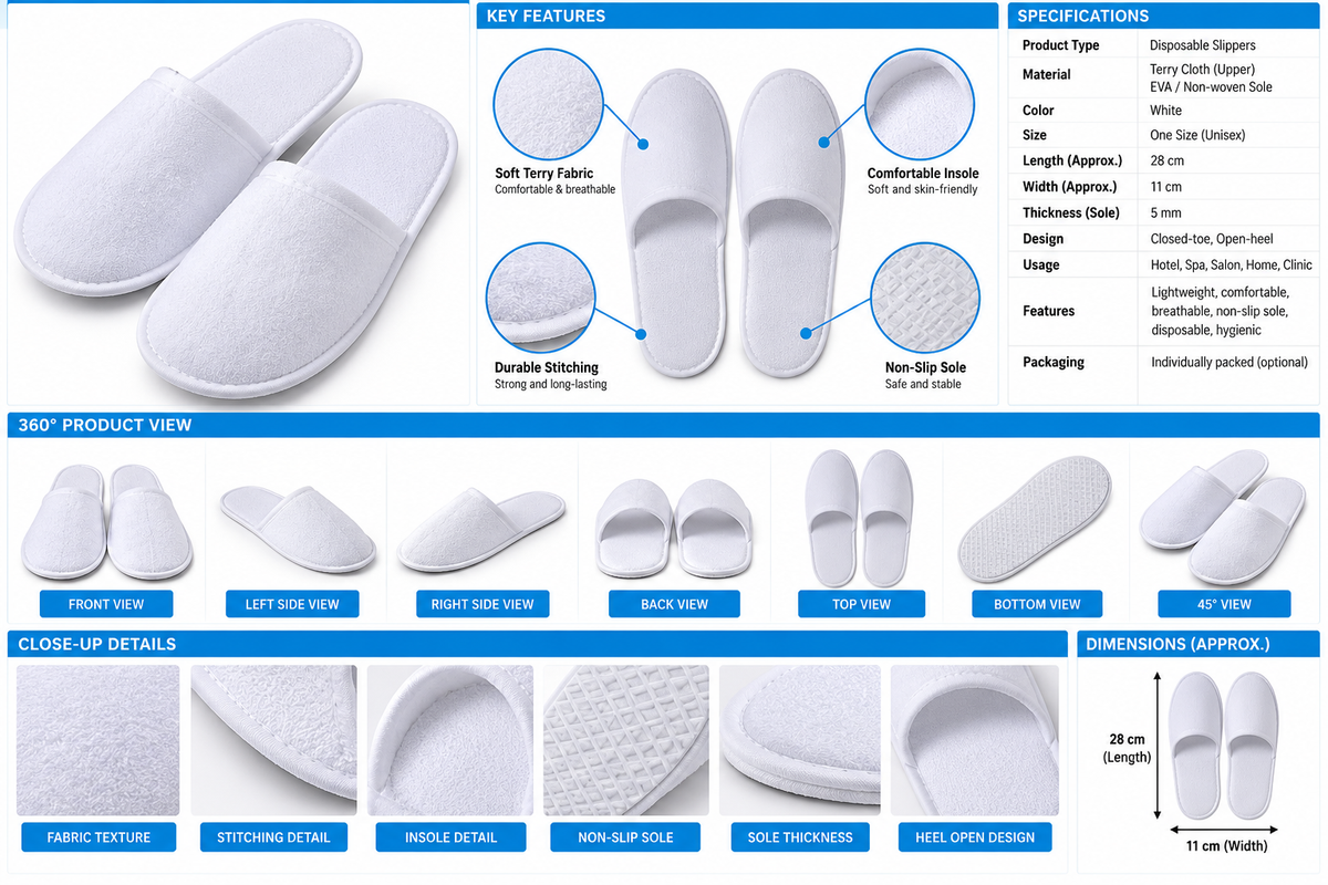 White Disposable Slippers, Cotton Closed Toe Spa Slippers 3 PAIR