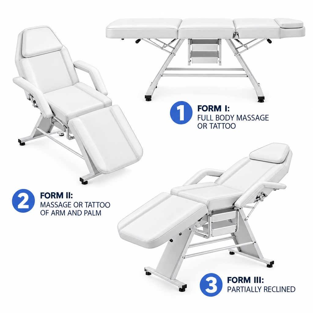 White massage table shown in three configurations with labeled callouts: full body massage or tattoo, massage or tattoo of arm and palm, and a third angle of the table. The image includes blue numbered circles and text labels on a plain white background.