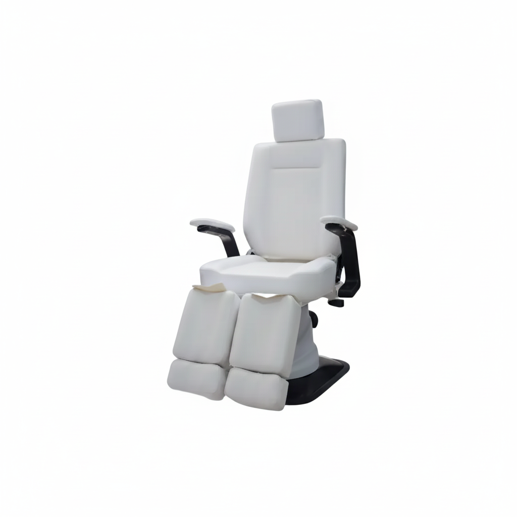 White spa treatment chair with adjustable headrest, armrests, and integrated footrests, shown on a plain white background.