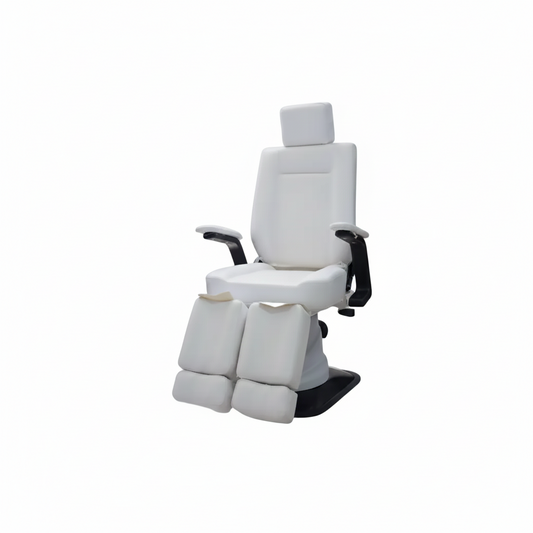 White spa treatment chair with adjustable headrest, armrests, and integrated footrests, shown on a plain white background.