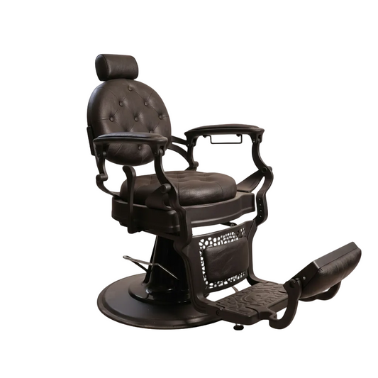 A dark brown leather barber chair with a tufted backrest, padded seat, adjustable armrests, and an attached footrest, shown on a plain white background.