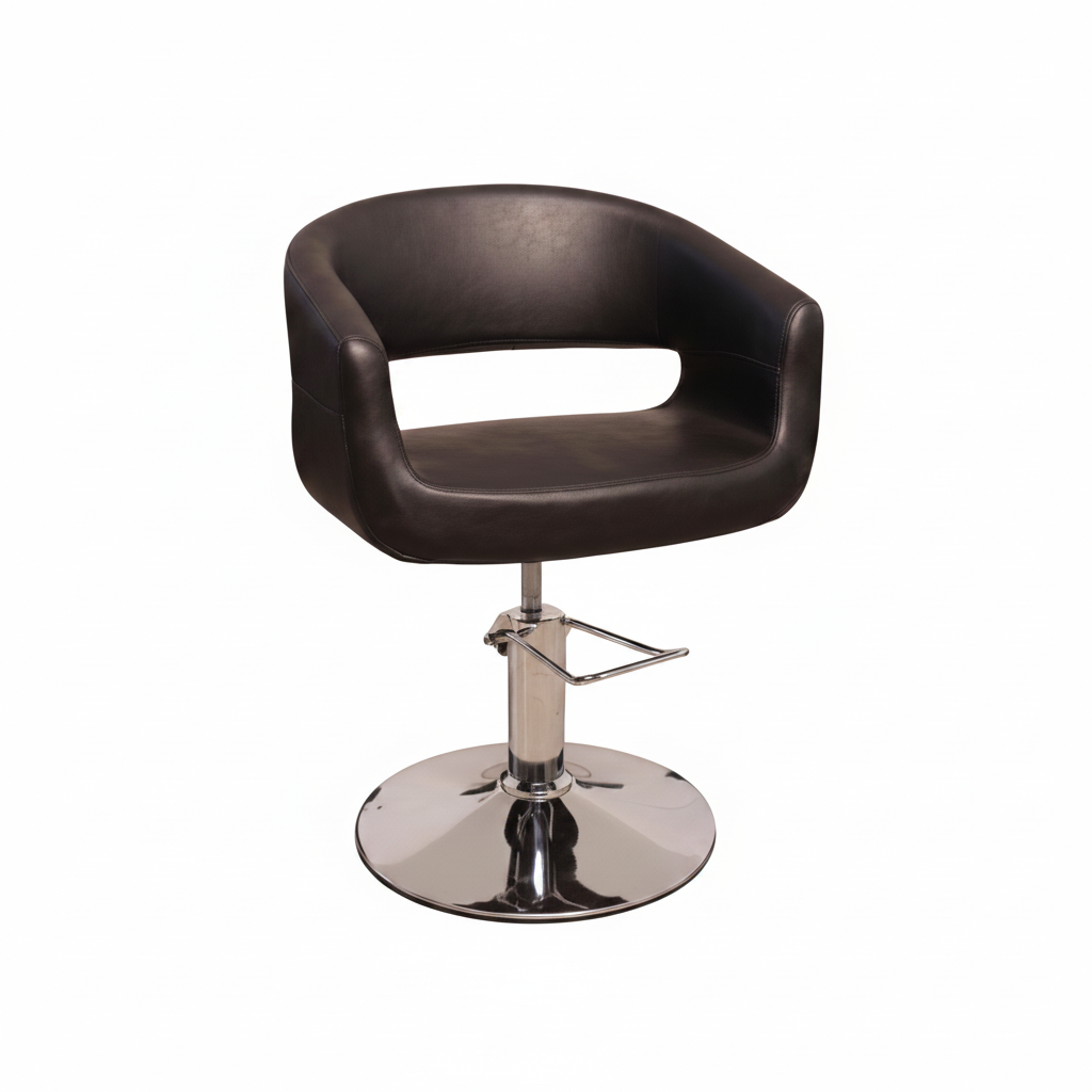 A dark brown faux leather salon or barber chair with a chrome-plated hydraulic lift base and footrest, shown against a plain white background.