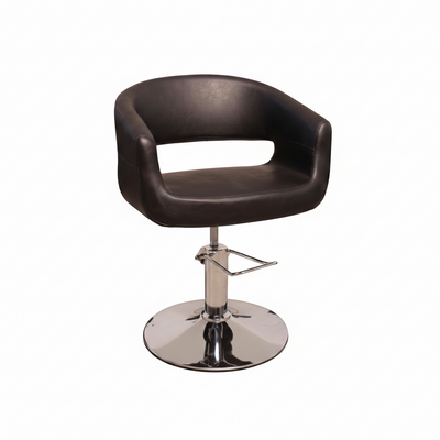 A dark brown faux leather salon or barber chair with a chrome-plated hydraulic lift base and footrest, shown against a plain white background.