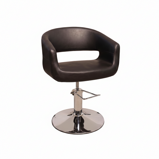 A dark brown faux leather salon or barber chair with a chrome-plated hydraulic lift base and footrest, shown against a plain white background.