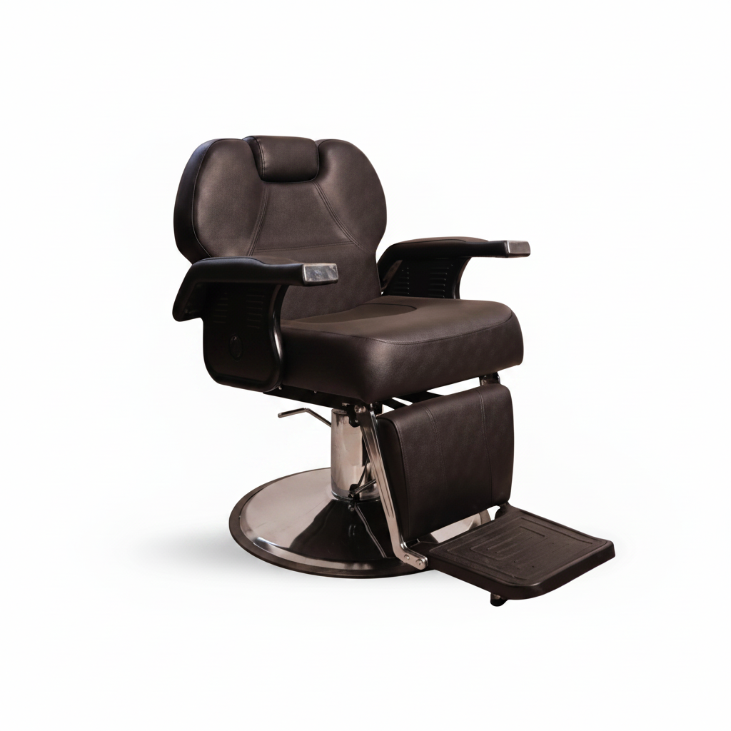 A dark brown leather barber chair with adjustable armrests, a circular chrome base, and an attached footrest, shown on a plain white background.