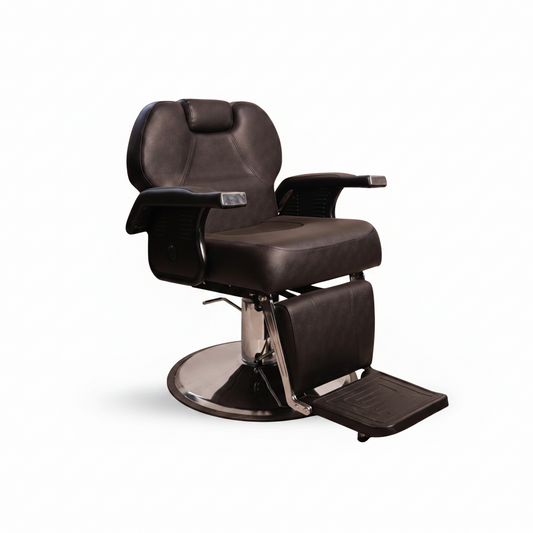 A dark brown leather barber chair with adjustable armrests, a circular chrome base, and an attached footrest, shown on a plain white background.