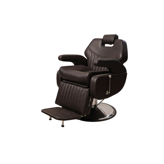 A dark brown leather barber chair with an adjustable headrest, padded armrests, and a matching footrest, shown on a plain white background.