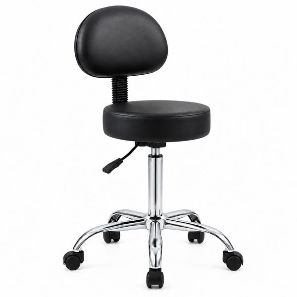 Black faux leather office stool with an adjustable backrest, chrome five-star base, and black caster wheels, shown on a white background.