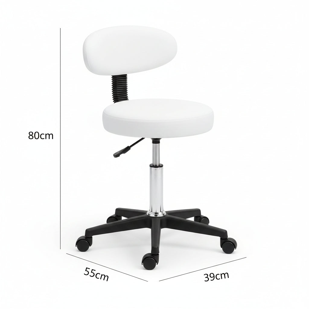 White and black adjustable office stool with dimension markings showing 80cm height, 55cm width, and 39cm depth on a white background.