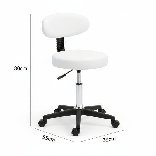 White and black adjustable office stool with dimension markings showing 80cm height, 55cm width, and 39cm depth on a white background.