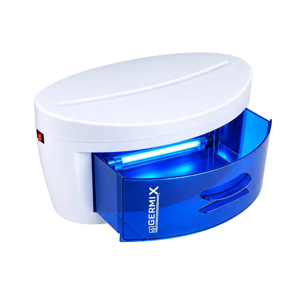 Blue and white RigerMix nail dryer with accessories on a white background