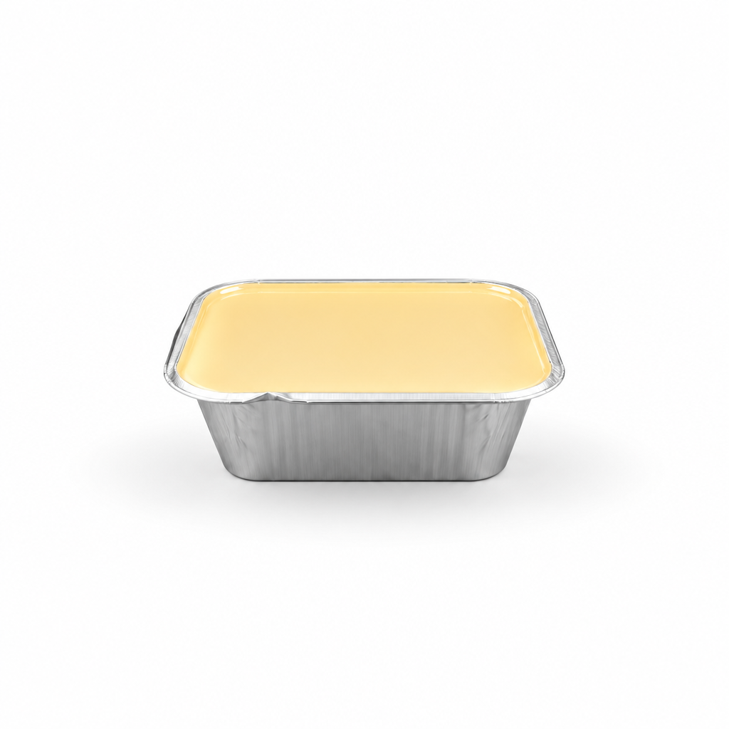 A square aluminum foil tray with a light beige or cream-colored lid, shown from a top-down perspective on a clean white background with a soft drop shadow.