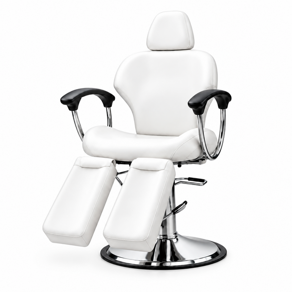 A white barber-style salon chair with a matching headrest and two attached footrests, shown on a plain white background with a soft shadow.