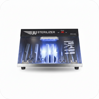 A UV sterilizer machine with a clear front panel showing various metal medical tools inside under blue light. The top panel is black with white text reading 'UV STERILIZER' and small red digital indicators.