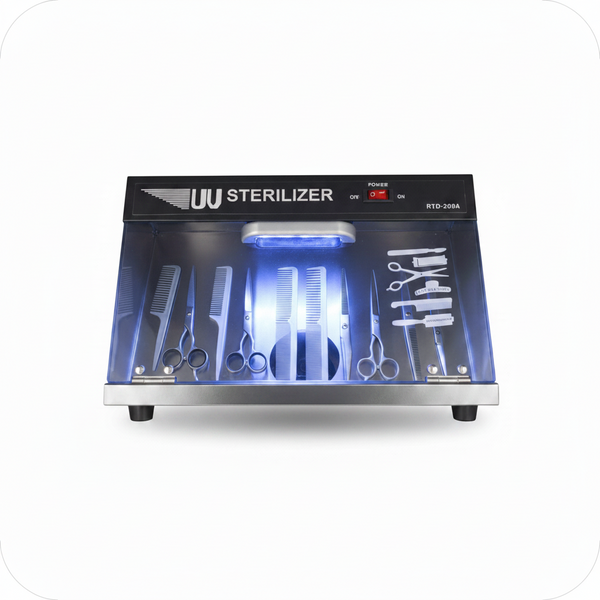 A UV sterilizer machine with a clear front panel showing various metal medical tools inside under blue light. The top panel is black with white text reading 'UV STERILIZER' and small red digital indicators.