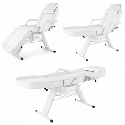 White adjustable spa or massage table shown from three angles on a plain white background.