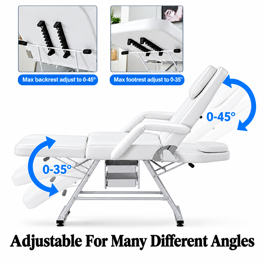 Adjustable white reclining treatment bed with blue arrows showing backrest, footrest, headrest, and leg angle adjustments, plus two inset detail photos and the text 'Adjustable For Many Different Angles'.