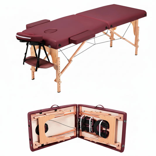 A folding massage table shown in two views on a white background: one fully assembled with a burgundy padded top and light wood frame, and one opened to show the interior storage compartments and accessories.