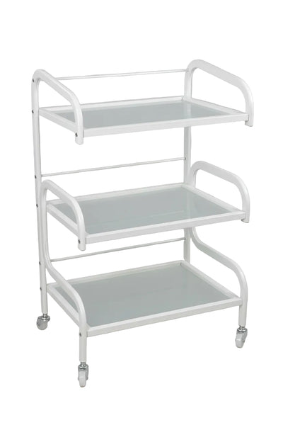 A three-tier rolling utility cart with a white metal frame and clear glass shelves, shown on a plain white background.