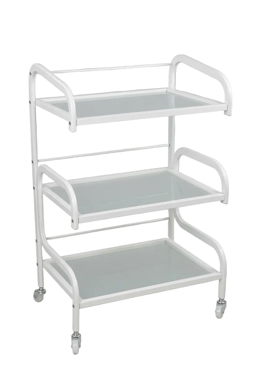 A three-tier rolling utility cart with a white metal frame and clear glass shelves, shown on a plain white background.