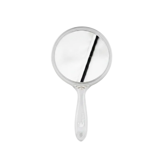 A small handheld mirror with a clear plastic handle and a silver-toned metal frame, shown against a plain white background.
