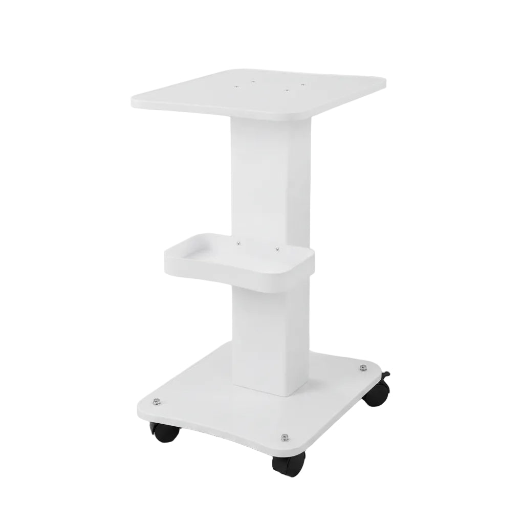 White stand with various medical devices and equipment on a white background