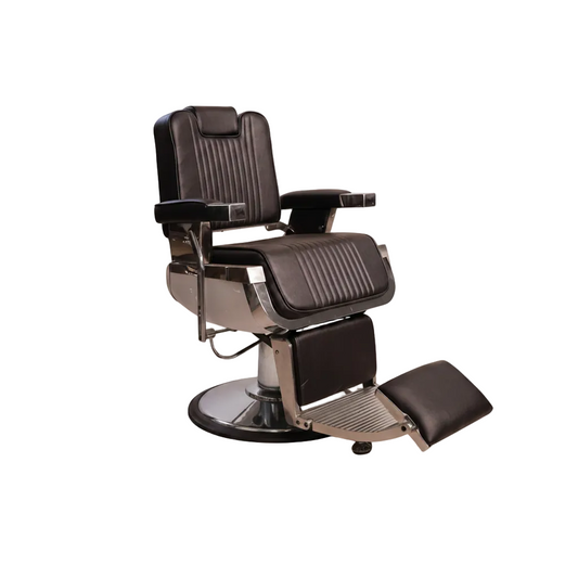 A dark brown leather barber chair with a matching footrest, set against a plain white background.