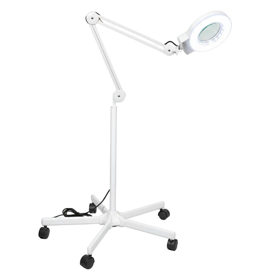 White adjustable stand lamp with a five-star wheeled base and an articulated arm ending in a circular magnifying head, shown on a plain white background.