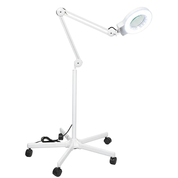 White adjustable stand lamp with a five-star wheeled base and an articulated arm ending in a circular magnifying head, shown on a plain white background.