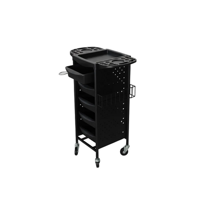 A black metal rolling cart with five shelves, a top tray with integrated cup holders, a side drawer, and a small side basket, shown on a plain white background.