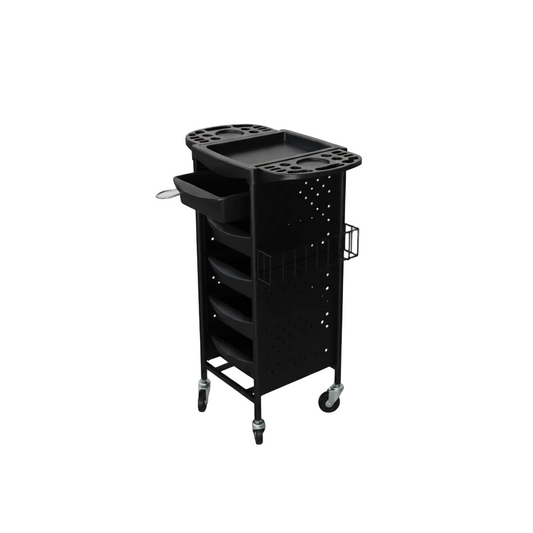 A black metal rolling cart with five shelves, a top tray with integrated cup holders, a side drawer, and a small side basket, shown on a plain white background.