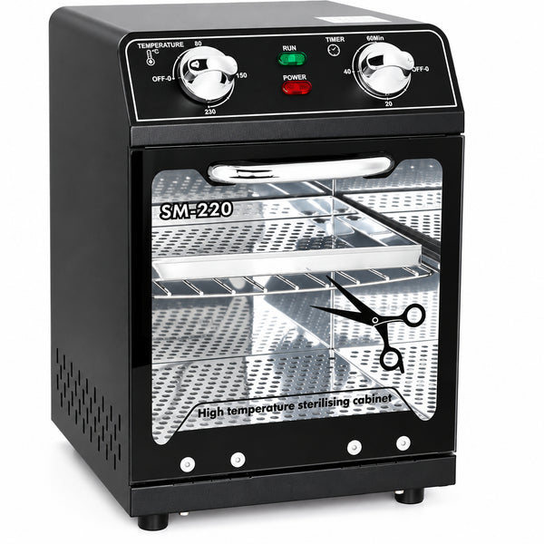 Black sterilizing cabinet with glass door on a white background