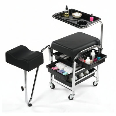 Black and chrome manicure and pedicure cart with a padded stool, three storage drawers, and an overhead tray on wheels, shown on a white background.