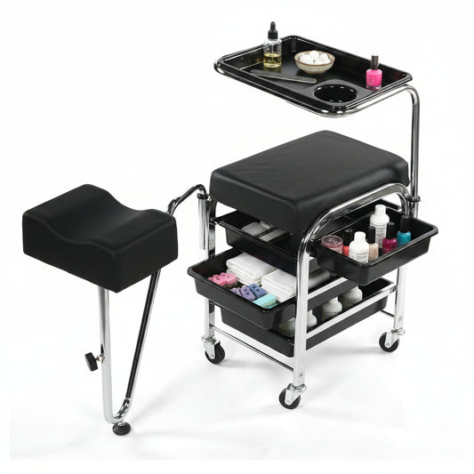 Black and chrome manicure and pedicure cart with a padded stool, three storage drawers, and an overhead tray on wheels, shown on a white background.