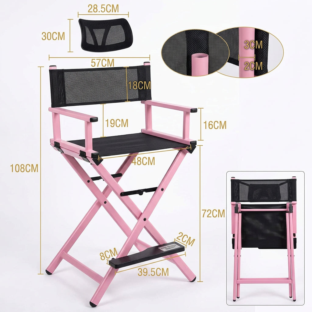  pink folding director chair with detailed measurement labels and two smaller inset photos showing the chair in use.