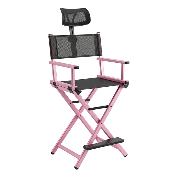 Pink and black director's chair with adjustable backrest on a white background